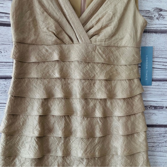 London Times Champagne Shimmer Tiered Ruffles Sleeveless Sheath Dress Size 6 NWT - Picture 4 of 13